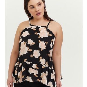 “Torrid” Black Floral Drop Waist Hi-Lo Peplum Cami